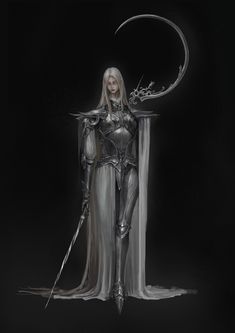 a woman dressed in armor and holding two swords, standing on a black background with the moon