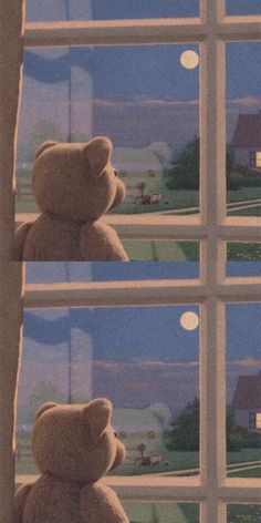 a teddy bear sitting on the window sill in front of a night sky view