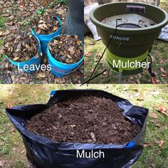 two buckets filled with mulch and leaves next to a tree in the yard