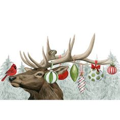 a painting of a deer with christmas ornaments on its antlers and a bird perched on it's head