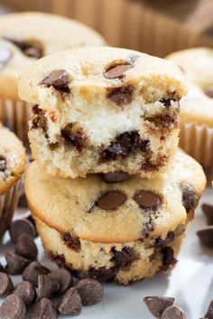 chocolate chip muffins stacked on top of each other