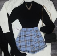 Blue plaid skort, black mock neck crop top, black thigh high boots and white cardigan outfit Trendy Fitted Plaid Shorts, Trendy Blue Skort For Fall, Trendy Blue Fall Skort, Trendy Blue Shorts For Fall, Blue Trendy Shorts For Fall, Trendy Blue Fall Shorts, Asymmetrical Skort, Plaid Skort, Outfit 2022