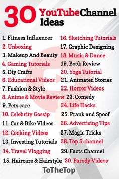 the 30 youtube video channel ideas list is shown in red and white, with text that reads