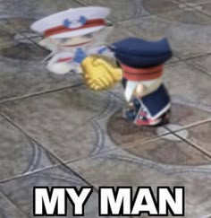 two cartoon characters standing next to each other on a tile floor with the caption, my man