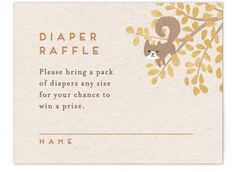 a diaper raffle card with an image of a squirrel hanging from a tree