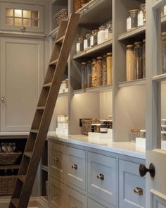 a ladder is in the middle of a pantry