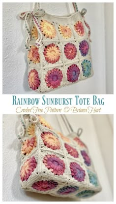 a crocheted bag hanging from the side of a wall with text overlay reading rainbow sunrise tote bag crochet free pattern