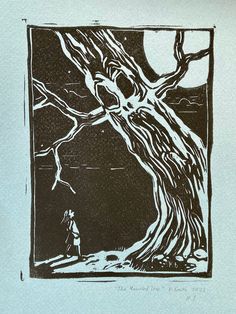 Original linocut print depicting a girl encountering a haunted tree on a moonlit night. We hate to say "we told you so!" when we warned her to not sneak out of her bedroom window after dark.  Paper size: 8" x 10" (20cm x 25.5cm)  Actual print size: 5" x 7" (13cm x 18cm) Oil print on archival toned paper. Signed and numbered by me. Trees Linocut, Tree Linocut, Haunted Tree, Moonlit Night, Bedroom Window, Dark Cottagecore, Toned Paper