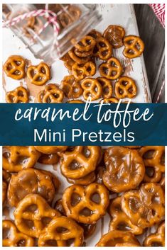 caramel toffe mini pretzels in a box with the title overlay