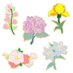 four different colored flowers are shown on a white background and one is yellow, the other has pink