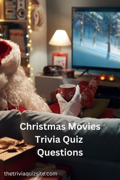 christmas movies trivia quiz questions with santa claus holding a coffee cup in front of the tv