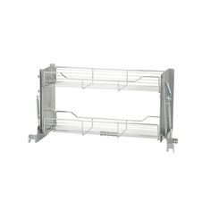 two metal shelves with wire baskets on each one and the bottom shelf is closed up