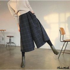 Olivia Mark - Loose Wide-Leg Woolen Pants with Elastic Waist and Plaid Design Female Pants, Swimwear Sets, Wool Trousers, Asymmetrical Skirt, Plaid Design, Wool Skirts, Womens Plaid, Wide Leg Trousers, Bell Bottoms