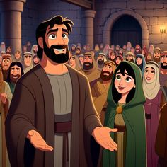 jesus and mary are surrounded by the people in this animated scene from disney's tangled tale