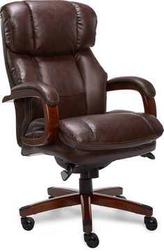 an office chair with brown leather upholstered