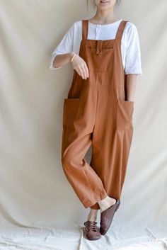 Vintage Cotton Overalls for Women, Casual Petite Jumpsuit With Pocket, Green Romper, Handmade Pants, Wide Leg Overalls, Made to Measure - Etsy Brown Cotton Overalls For Spring, Cotton Overalls With Bib Front, Solid Cotton Overalls With Bib Front, Brown Cotton Relaxed Fit Jumpsuits And Rompers, Solid Cotton Bib Front Overalls, Cotton Bib Front Overalls In Solid Color, Brown Cotton Overalls With Pockets, Brown Cotton Overalls, Solid Color Cotton Overalls For Work