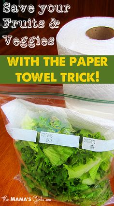 two bags filled with lettuce next to a roll of toilet paper that says save your fruits and veggies with the paper towel trick