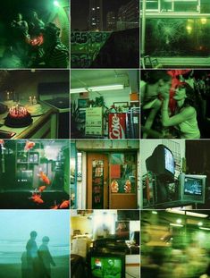 many different images of people in the dark and green light, with one person holding a camera