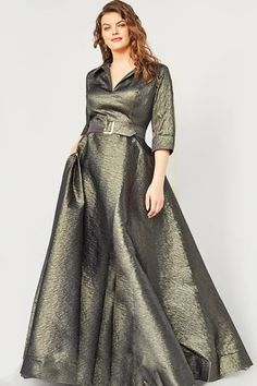 This dress is versatile and perfect for special occasions such as evening events, mother of the bride attire. It is made with high-quality metallic jacquard material and features a classic A-line style. The elegant belted waist and pleated skirt add sophisticated details to the long silhouette. The dress has a closed back with a zipper and is designed with a v-neckline and stand collar. It also has 3/4 length sleeves, adding to its timeless appeal. The olive color adds a touch of uniqueness to t Plus Size Evening Gown, Bride Attire, Jovani Dresses, Evening Dresses Plus Size, Olive Color, Dress Backs, Calculator, Skirt Length, Stand Collar