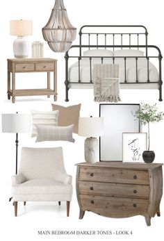 a collage of furniture and decor items including a bed, dresser, chair, mirror, lamp