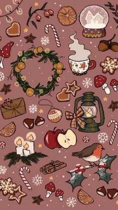 an image of christmas items on a pink background with snowflakes and candy canes