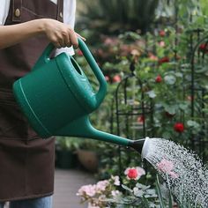 a person watering flowers with a green watering can