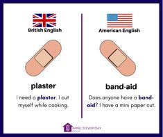 two different types of bandages with the words, plaster and band aid in english and american english