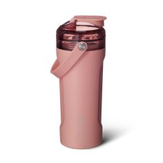 the pink blender bottle has a straw in it's cup and is empty