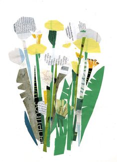 a collage of flowers made out of newspaper strips and other paper items with words written on them