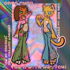 two cartoon cats standing next to each other in front of a colorful background with words on it