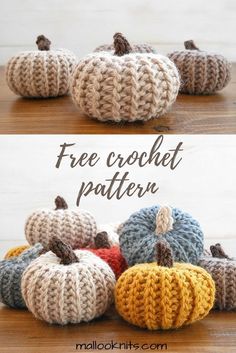 crocheted pumpkins with the words free crochet pattern written below them