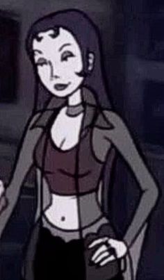 an animated image of a woman with long hair and no bra, standing in a dark room