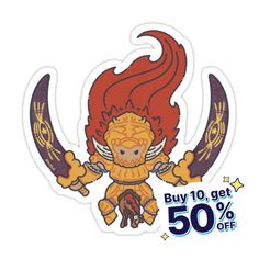 a sticker with an image of a demon holding two swords and the words buy 10 get 50 % off