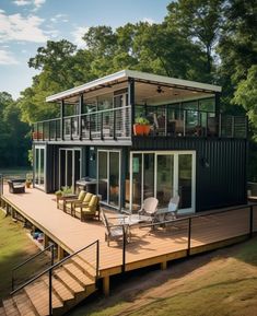 a house that is sitting on top of a wooden deck