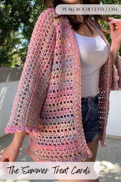 A flirty and fun cardigan pattern that works up quickly and is super easy to customize! Adorable bell sleeves and a lovely shell border are the perfect touches for this lovely cardigan. Crochet Summer Cardigan, Summer Cardigan, Crochet Summer, Summer Crochet