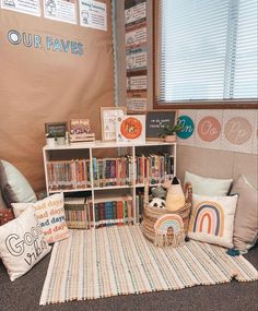 a room filled with lots of books and stuffed animals