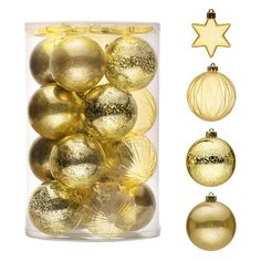 christmas ornaments in a clear container with gold and silver baubles next to it