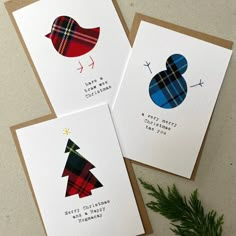 three christmas cards with plaid designs on them