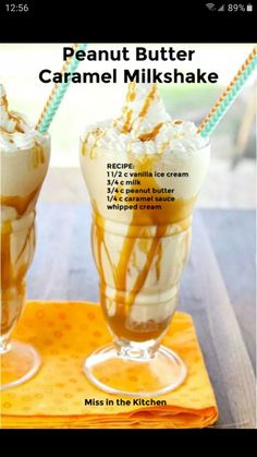 two glasses filled with ice cream and caramel milkshake