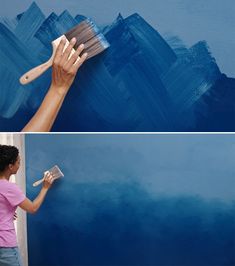 two pictures one is blue and the other has a woman holding a paintbrush in her hand