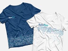 two t - shirts with blue and white designs on them, one is for bye bay