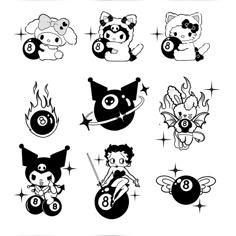 cartoon character stickers with different types of animals and other things in black and white