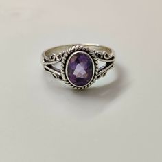 925 Sterling Silver Amethyst Ring, Purple Stone, Designer Ring, Healing Stone. #Handmade #DaintyBohoandHippie #AnniversaryBirthdayChristeningChristmasConfirmationCommunionEngagementFathersDayGraduationMothersDayValentinesDay Silver Ring Purple Stone, Rings With Purple Stones, Dark Purple Rings, Amethyst Ring Aesthetic, Purple Gem Ring, Purple Ring Aesthetic, Stephen Universe, Amethyst Ring Silver, Purple Stone Ring