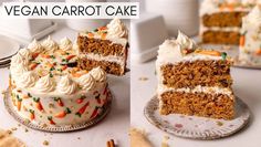 a cake with white frosting and carrots on it, cut in half to show the layers