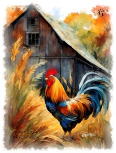 a painting of a rooster standing in front of a barn with autumn leaves and grass