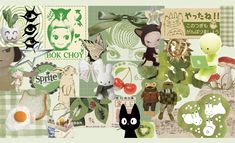 a collage of various images with cats, birds and other things in them that are green