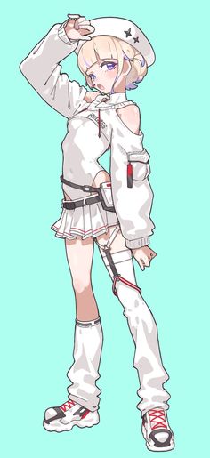 a drawing of a girl in white clothes and red shoes with her hands on her head