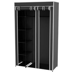 Keep your bedroom or closet organized with the Wardrobe Closet Organizer with Dust Cover by Lavish Home. This armoire features a durable, .24mm thick metal frame and polypropylene connectors for strength and stability as well as a 75g non-woven fabric dust cover. The dust cover is soft, breathable and water resistant to protect your clothes, handbags, hats and shoes from dirt, mold and mildew. The fabric is easy to clean with a soft, damp cloth and warm, soapy water. The cover easily rolls up and zips for easy access to your clothes and belongings, or complete removal if you don't want to use the cover with the shelf. This organizer is great for apartments, condos and homes with limited closet space. The wardrobe features shelves on the left side and top, providing plenty of room for all k Black Wardrobe Closet, Foldable Wardrobe, Portable Wardrobe Closet, Closet Organized, Black Closet, Free Standing Closet, Portable Wardrobe, No Closet Solutions, Clothes Racks