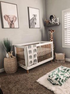 a baby's room with an animal themed crib and pictures on the wall