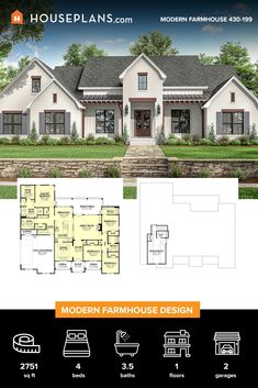 the modern farmhouse house plan is shown with three bedroom, two bathroom and an open floor plan